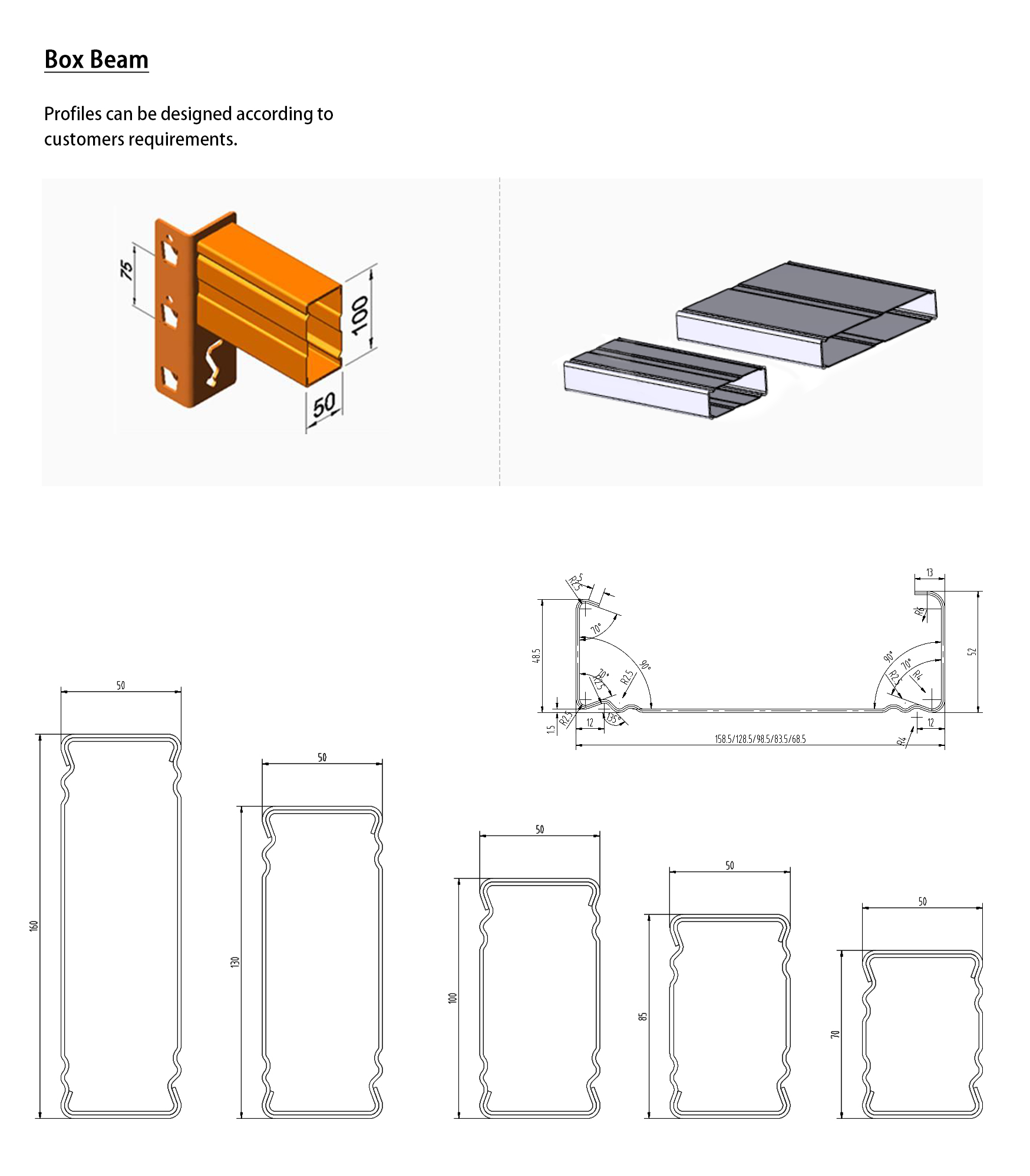 Technical profile drawings and 3D assembly diagram of SUNWAY Box Beams